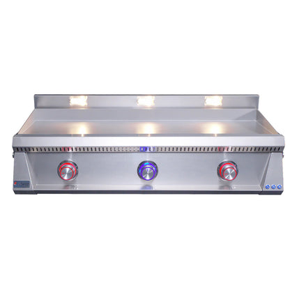 Le Griddle Pro Series 105 Gas Griddle with 3mm Plate with red and blue lights on a white background