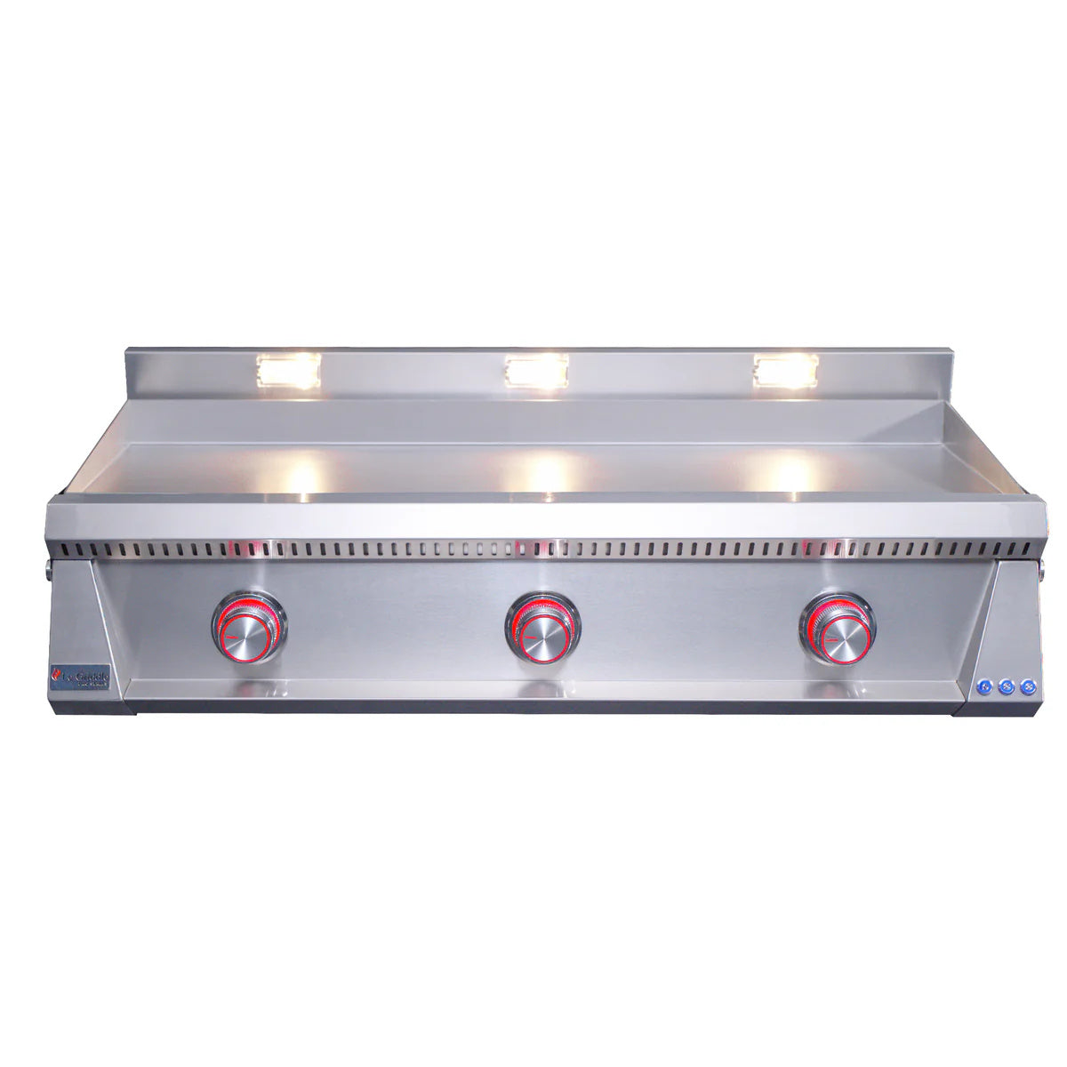 Le Griddle Pro Series 105 Gas Griddle with 3mm Plate with red lights on a white background