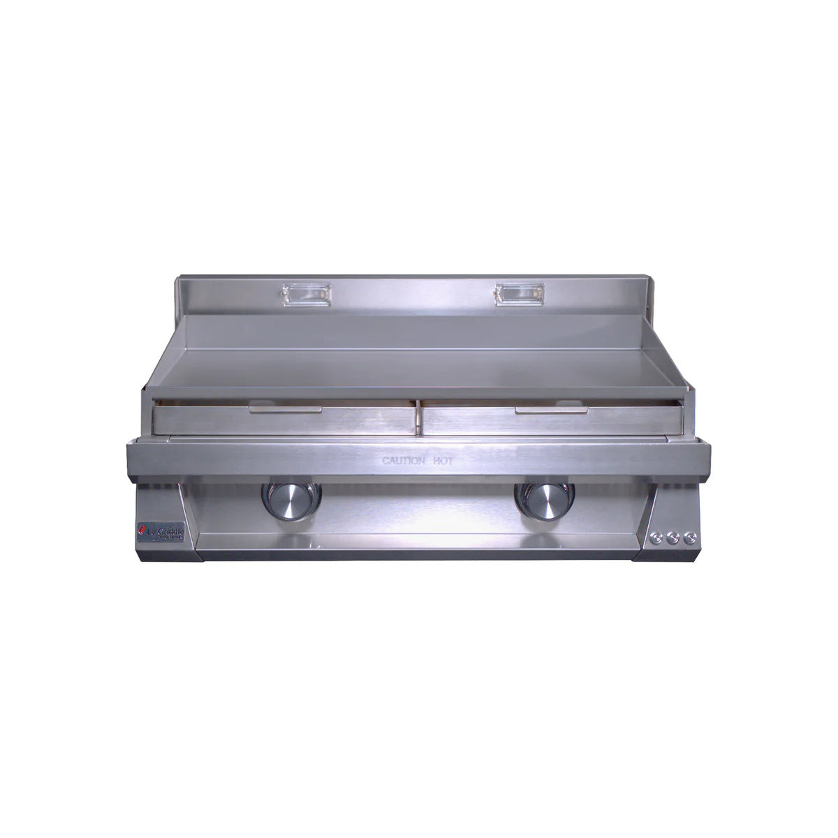 Pro Series 75 Gas Griddle with 3mm Plate with the trays showing on a white background