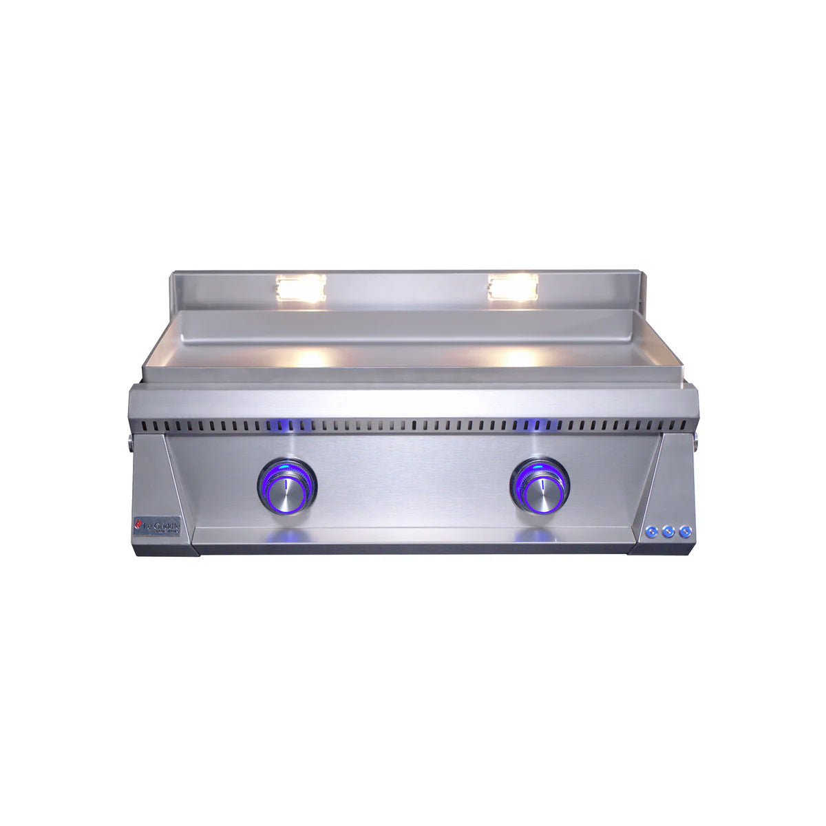 Le Griddle Pro Series 75 Gas Griddle with 6mm Plate with blue lights on a white background