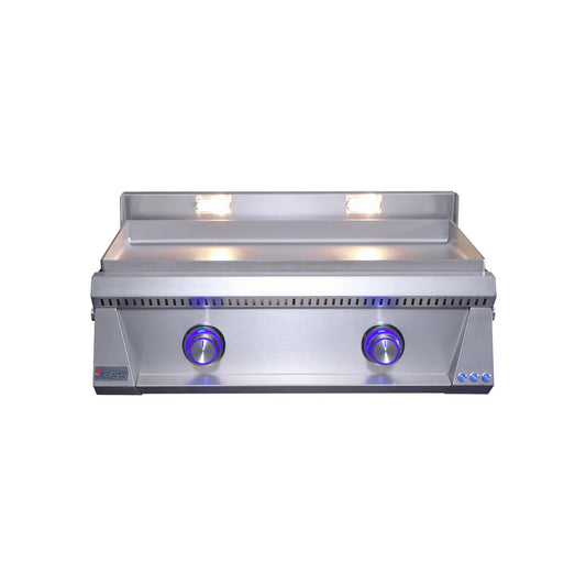 Le Griddle Pro Series 75 Gas Griddle with 6mm Plate with blue lights on a white background