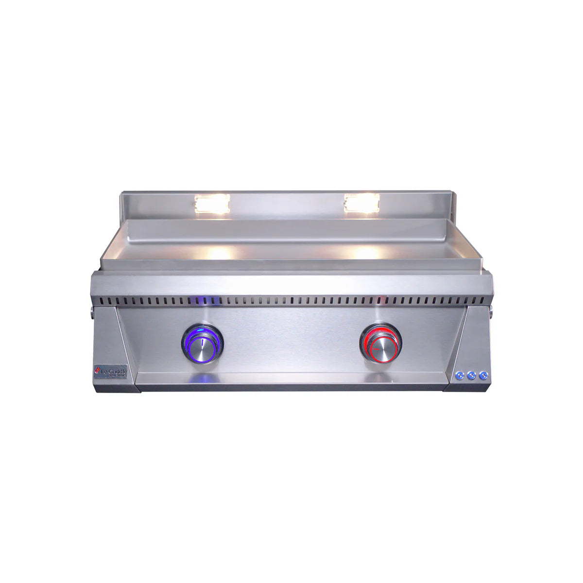 Le Griddle Pro Series 75 Gas Griddle with 6mm Plate with blue and red lights on a white background