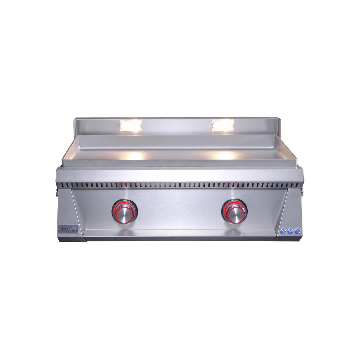 Le Griddle Pro Series 75 Gas Griddle with 6mm Plate with red lights on a white background