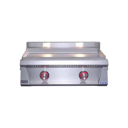 Le Griddle Pro Series 75 Gas Griddle with 6mm Plate with red lights on a white background