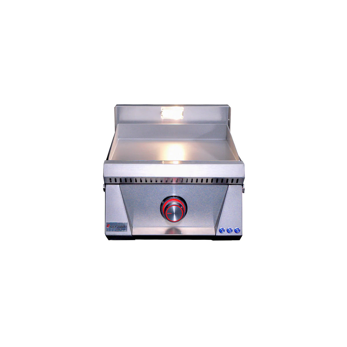 Le Griddle Pro Series 40 Gas Griddle with griddle turned on, on a white background
