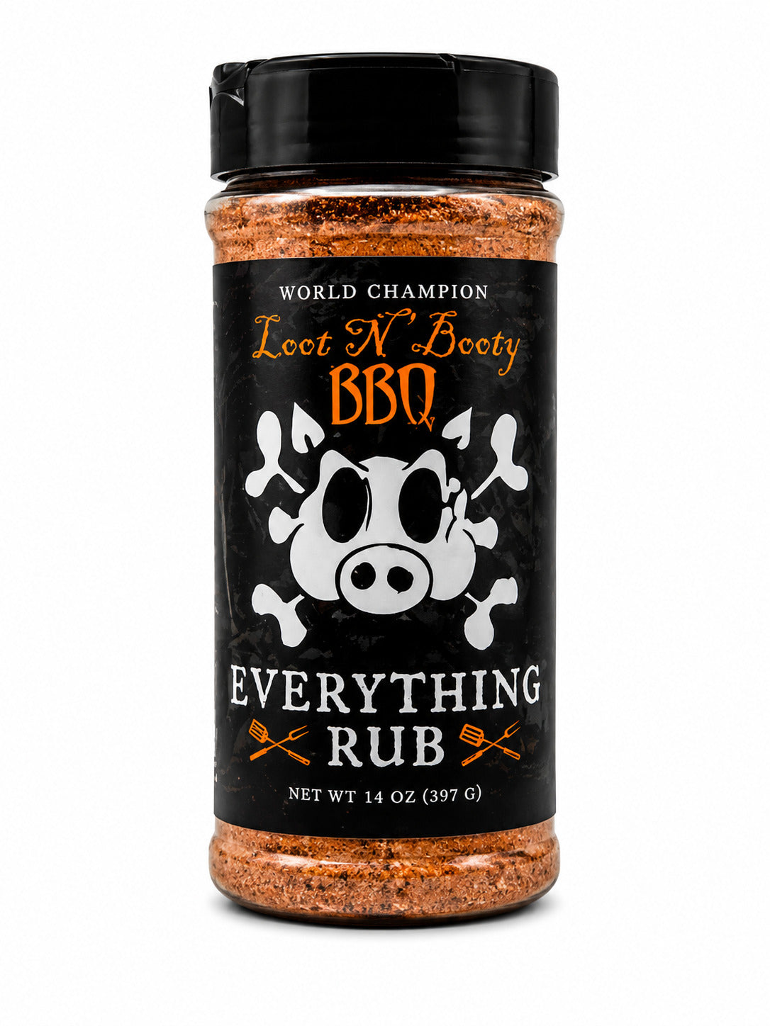 BBQ seasoning jar with black label featuring a skull and crossbones design on a white background
