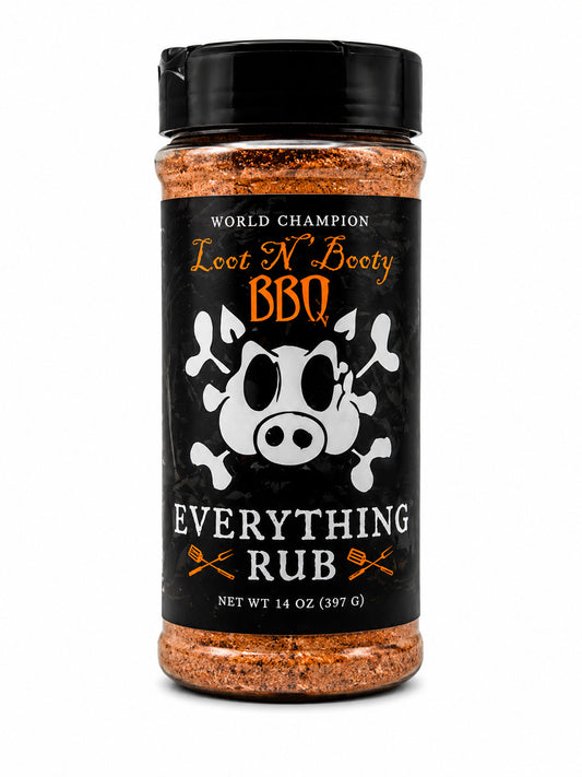 BBQ seasoning jar with black label featuring a skull and crossbones design on a white background