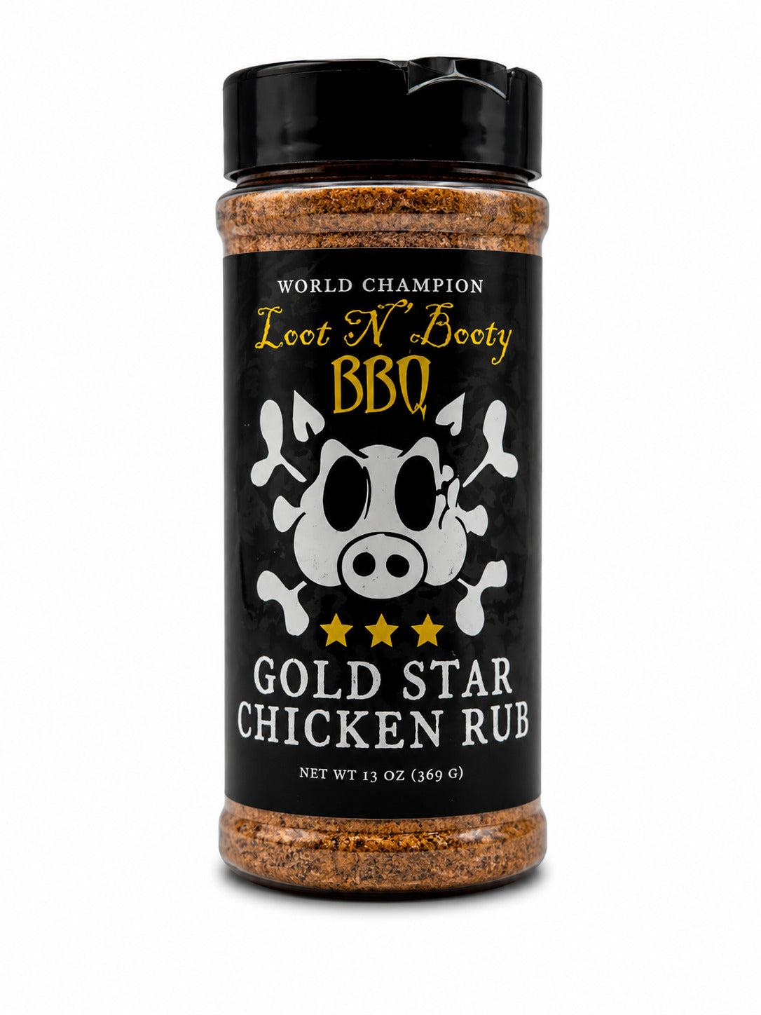 Jar of Gold Star Chicken Rub with black lid on a white background