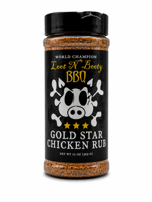 Jar of Gold Star Chicken Rub with black lid on a white background