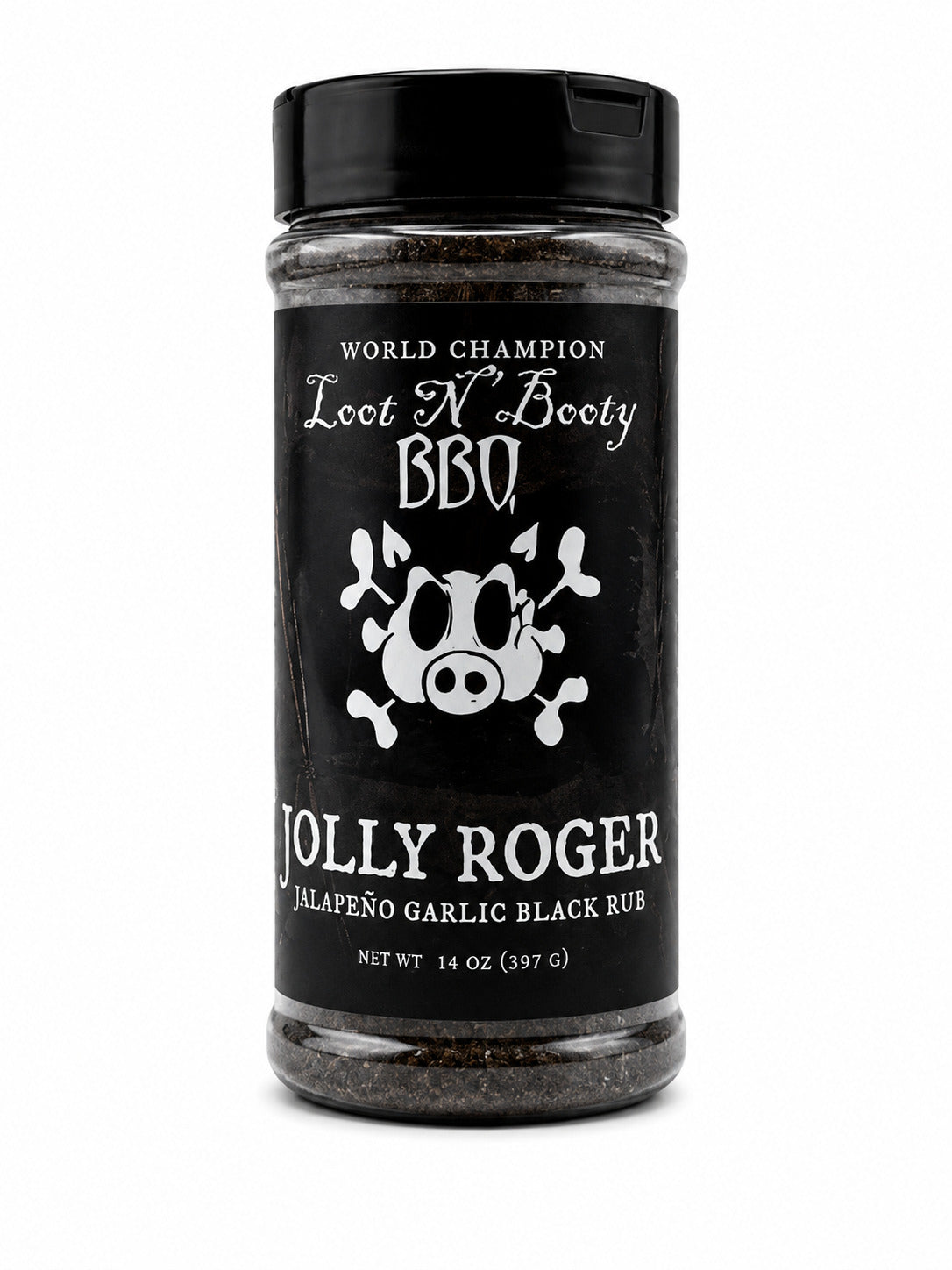 Jolly Roger Jalapeno Garlic Black Rub seasoning jar with black label on a white background