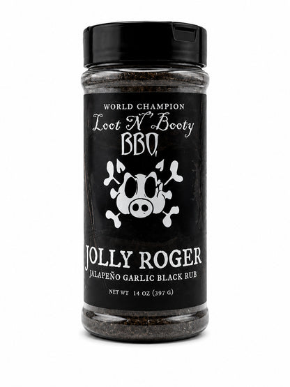 Jolly Roger Jalapeno Garlic Black Rub seasoning jar with black label on a white background