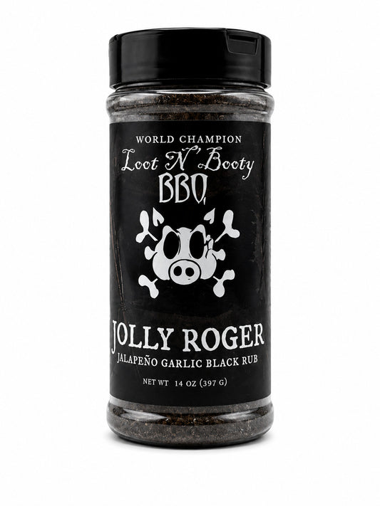 Jolly Roger Jalapeno Garlic Black Rub seasoning jar with black label on a white background