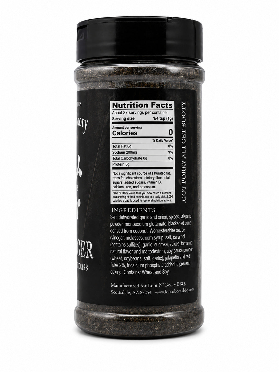 Black seasoning jar with nutrition facts label on a white background