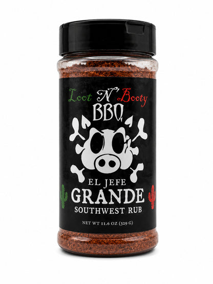 Jar of 'El Jefe Grande' Southwest Rub with black lid and label on a white background