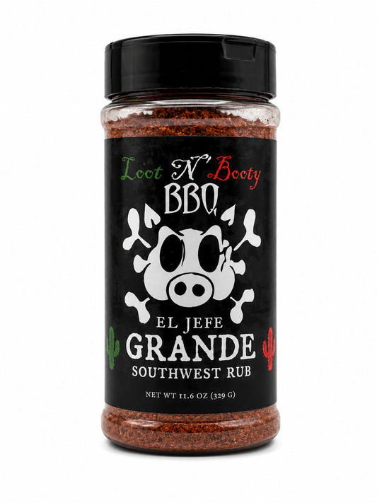 Jar of 'El Jefe Grande' Southwest Rub with black lid and label on a white background