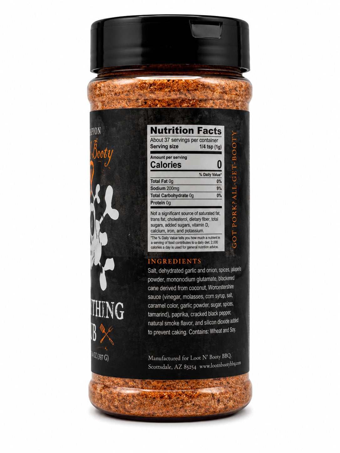 Spice jar with black label showing nutrition facts and ingredients on a white background