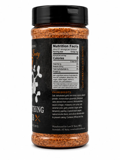 Spice jar with black label showing nutrition facts and ingredients on a white background