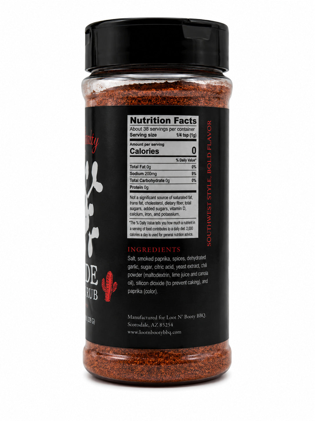 Spice jar with black label displaying nutrition facts and ingredients on a white background
