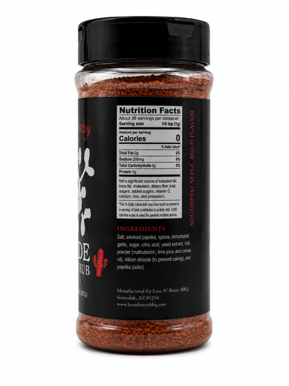 Spice jar with black label displaying nutrition facts and ingredients on a white background