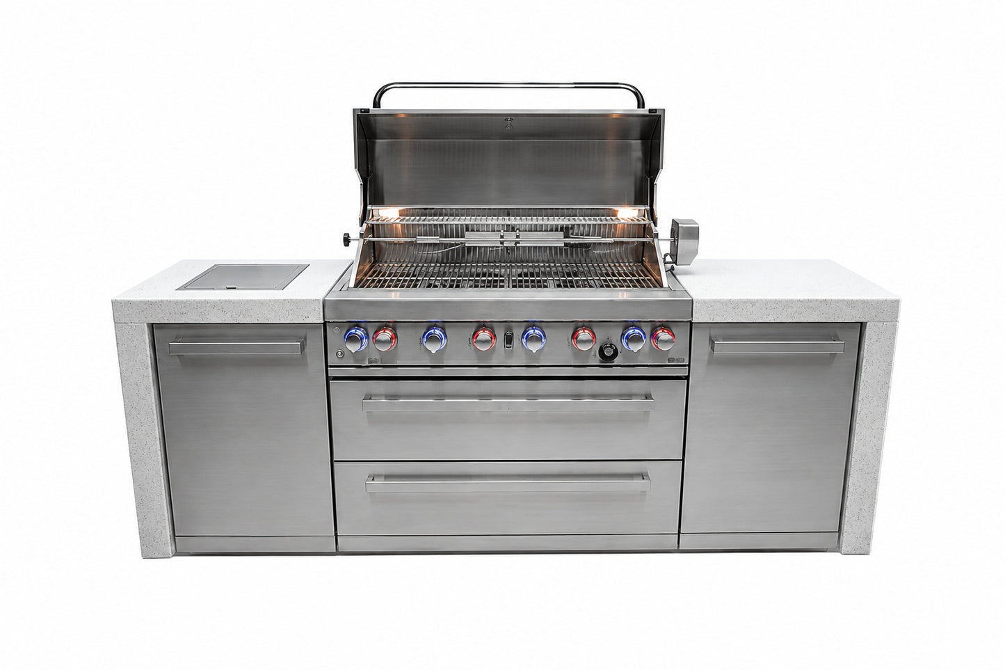 Mont Alpi MAi805-D Deluxe 6-Burner Outdoor Kitchen with a grill lid open on a white background