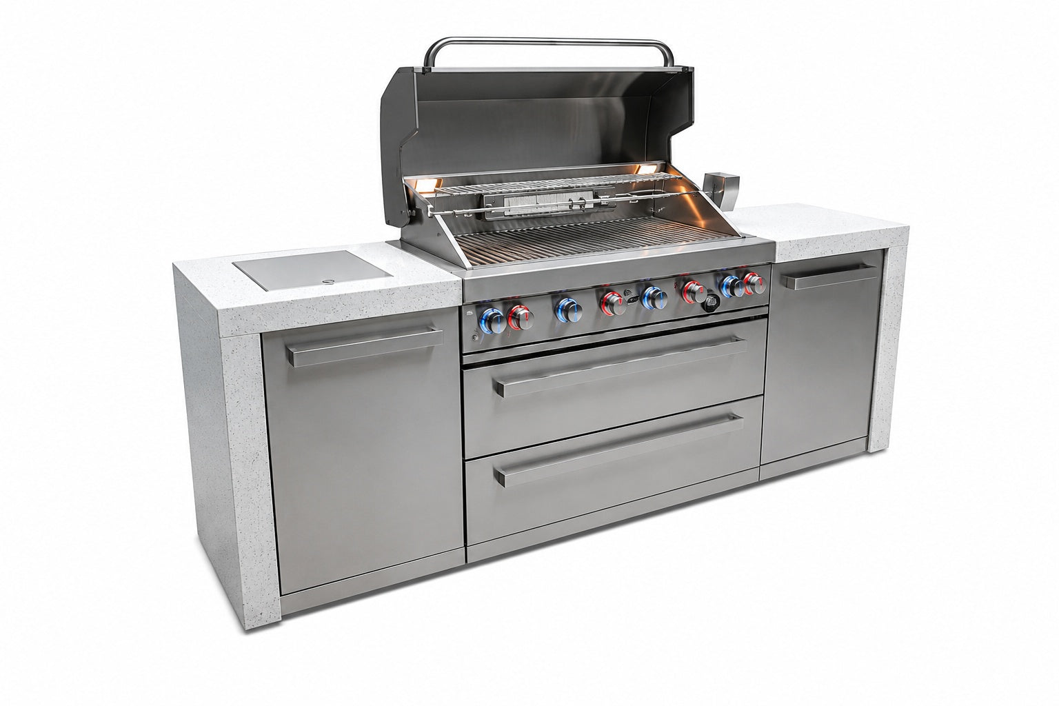 Mont Alpi MAi805-D Deluxe 6-Burner Outdoor Kitchen on an angle on a white background
