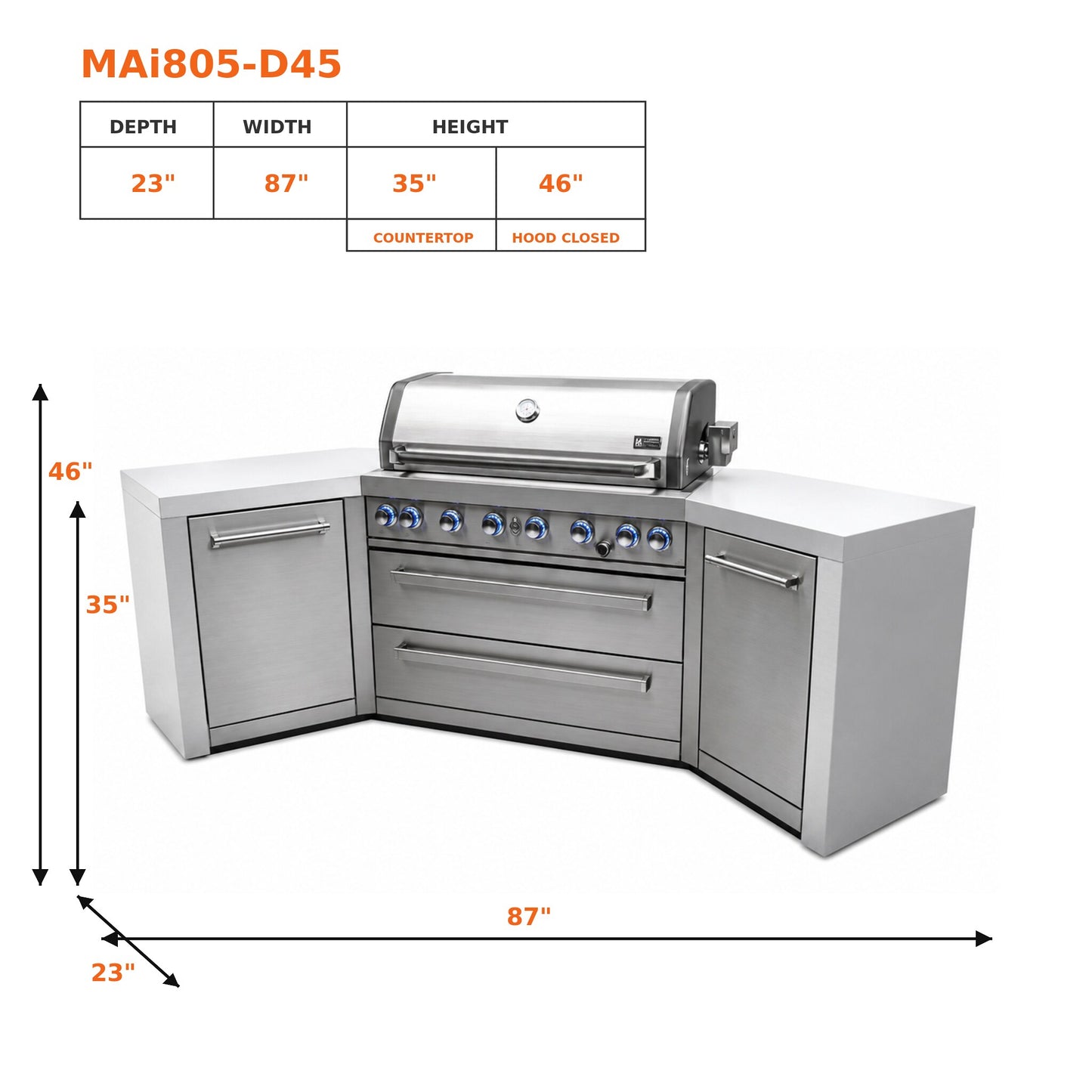 Mont Alpi MAi805-D45 Deluxe 6-Burner Outdoor Kitchen with 45-Degree Corners spec sheet on a white background