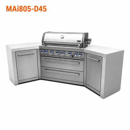 Mont Alpi MAi805-D45 Deluxe 6-Burner Outdoor Kitchen with 45-Degree Corners on a white background