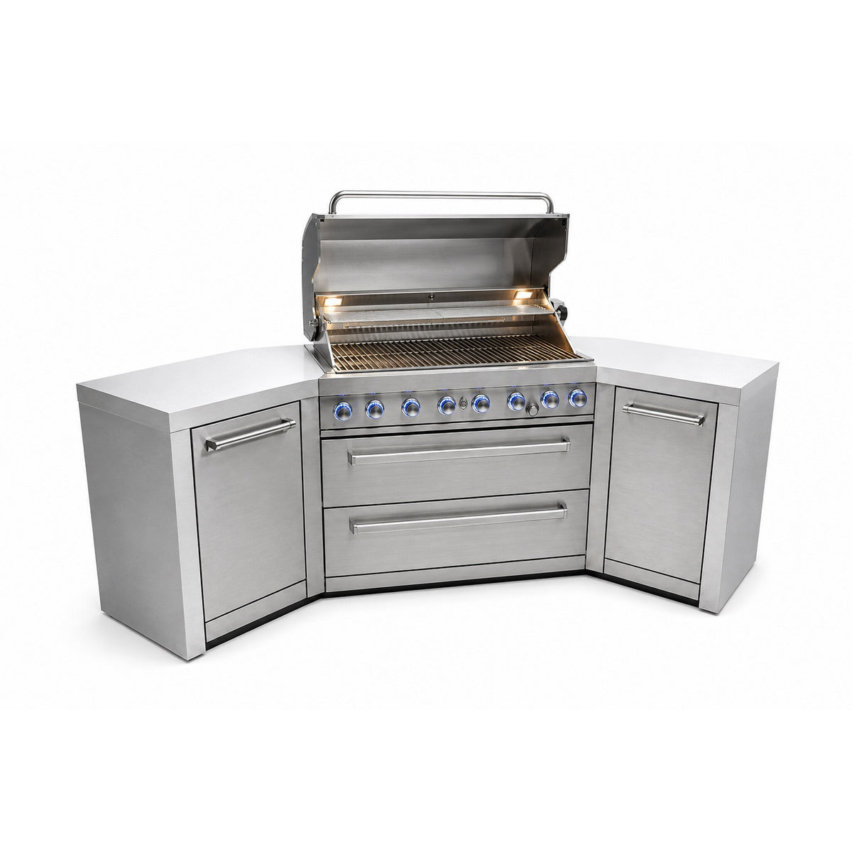 Mont Alpi MAi805-D45 Deluxe 6-Burner Outdoor Kitchen with 45-Degree Corners with grill lid open on a white background