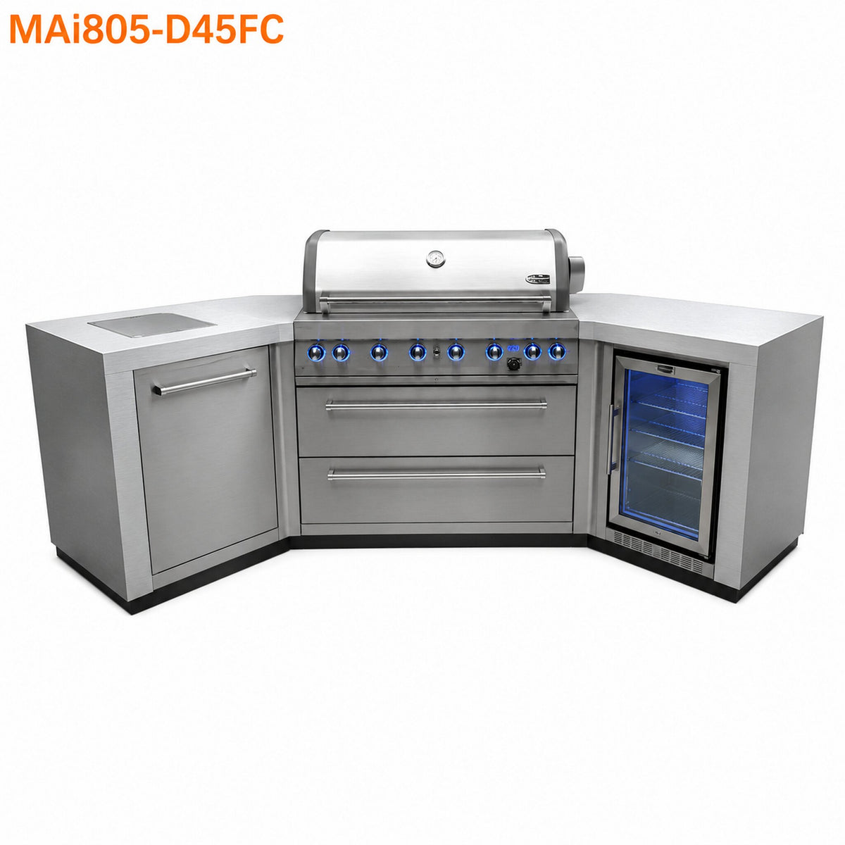 Mont Alpi MAi805-D45FC Deluxe 6-Burner Outdoor Kitchen with 45-Degree Corners and Refrigerator on a white background