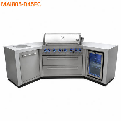 Mont Alpi MAi805-D45FC Deluxe 6-Burner Outdoor Kitchen with 45-Degree Corners and Refrigerator on a white background