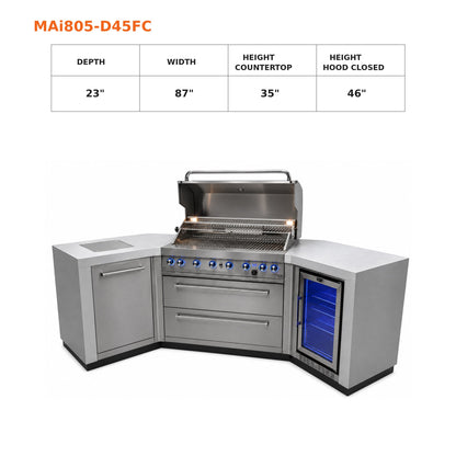 Mont Alpi MAi805-D45FC Deluxe 6-Burner Outdoor Kitchen with 45-Degree Corners and Refrigerator spec sheet on a white background