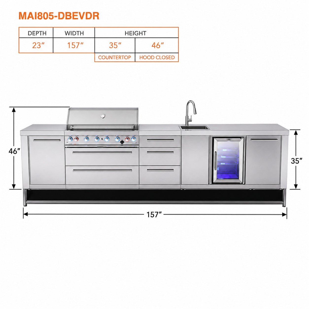 Mont Alpi MAi805-DBEVDR Deluxe Outdoor Kitchen with Beverage Center and Drawer Storage spec sheet on a white background