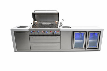 Mont Alpi MAi805-DBEVFC Deluxe 6-Burner Outdoor Kitchen with Beverage Center and Extra Refrigerator on a white background