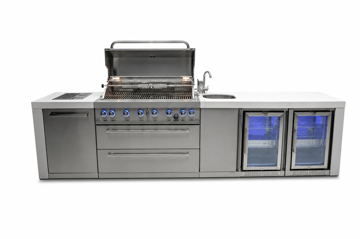 Mont Alpi MAi805-DBEVFC Deluxe 6-Burner Outdoor Kitchen with Beverage Center and Extra Refrigerator on a white background 