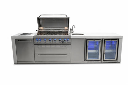 Mont Alpi MAi805-DBEVFC Deluxe 6-Burner Outdoor Kitchen with Beverage Center and Extra Refrigerator on a white background 