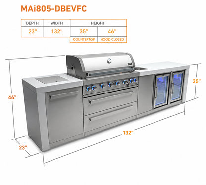 Mont Alpi MAi805-DBEVFC Deluxe 6-Burner Outdoor Kitchen with Beverage Center and Extra Refrigerator spec sheet on a white background