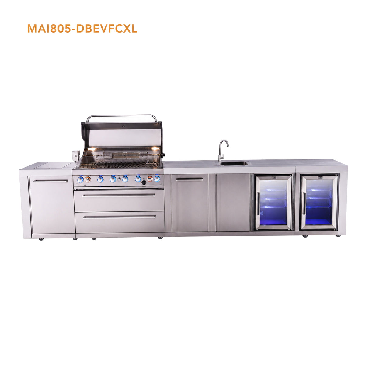 Mont Alpi MAi805-DBEVFCXL Deluxe Outdoor Kitchen with Beverage Center, Extra Refrigerator and XL Storage on a white background
