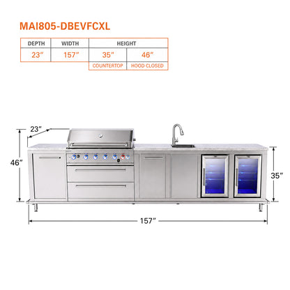 Mont Alpi MAi805-DBEVFCXL Deluxe Outdoor Kitchen with Beverage Center, Extra Refrigerator and XL Storage spec sheet on a white background