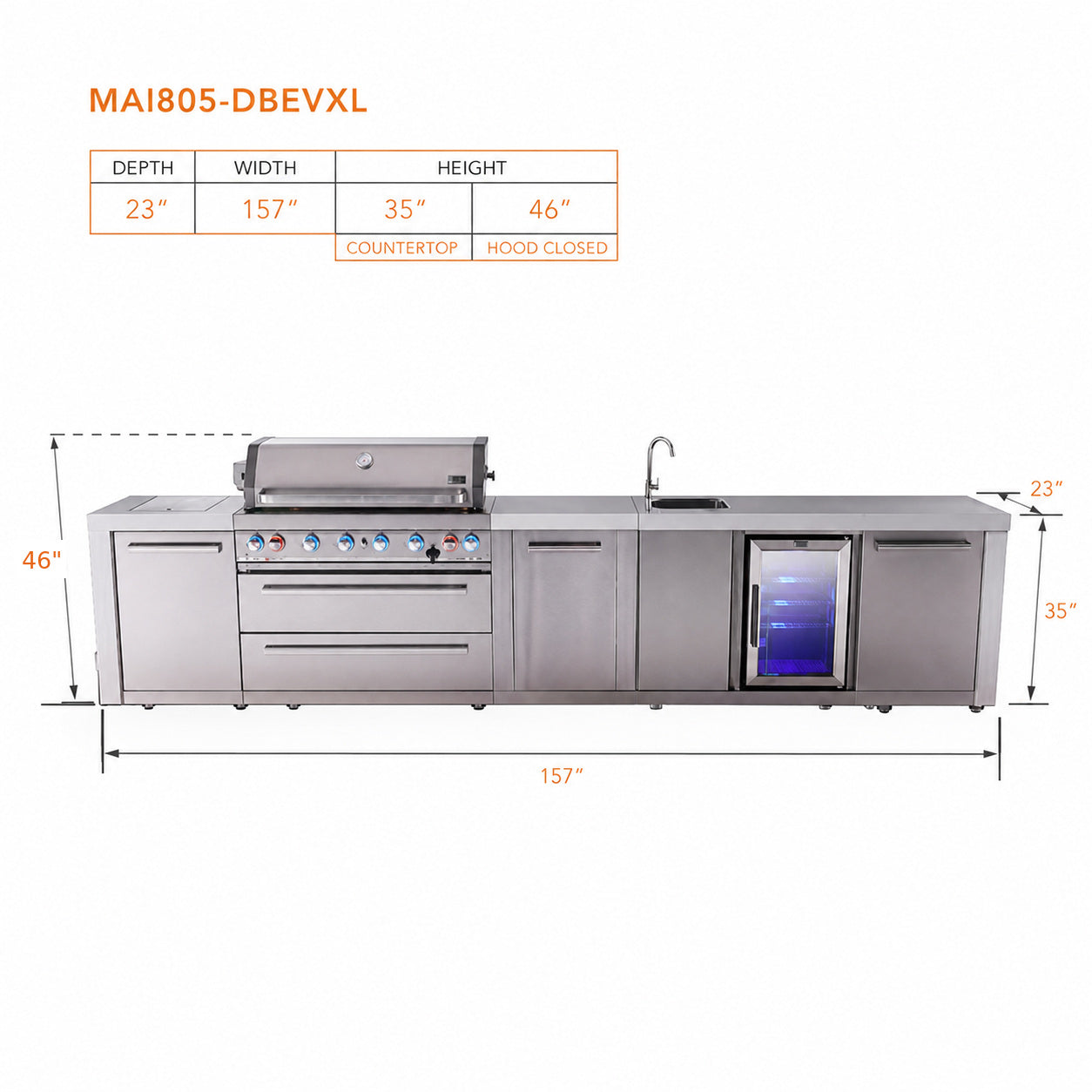 Mont Alpi MAi805-DBEVXL Deluxe Outdoor Kitchen with Beverage Center and XL Storage spec sheet on a white background