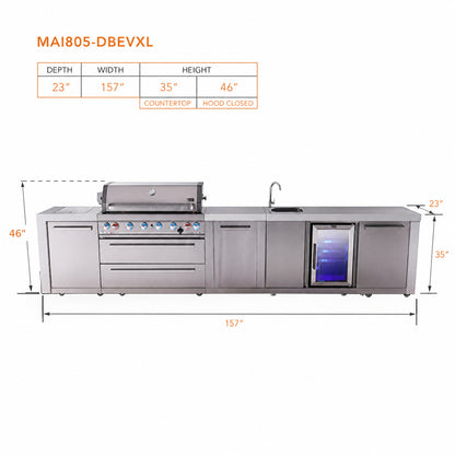 Mont Alpi MAi805-DBEVXL Deluxe Outdoor Kitchen with Beverage Center and XL Storage spec sheet on a white background