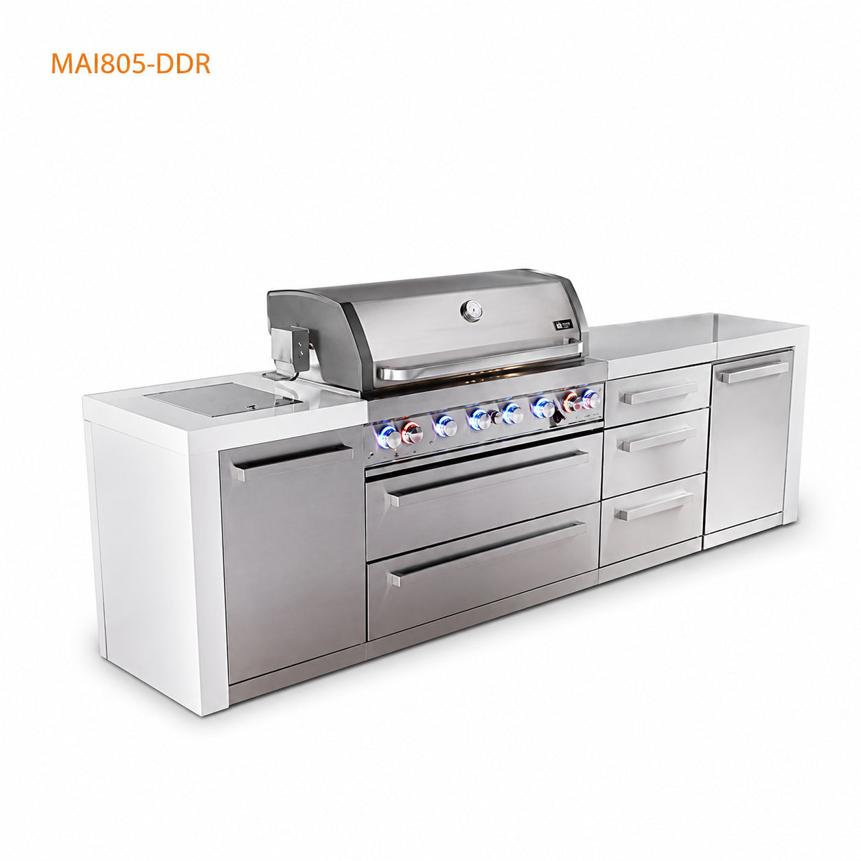 Mont Alpi MAi805-DDR Deluxe 6-Burner Outdoor Kitchen with Drawer Storage on a white background