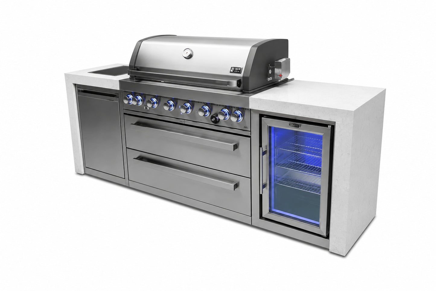 Mont Alpi MAi805-DFC Deluxe 6-Burner Outdoor Kitchen with Refrigerator on a white background