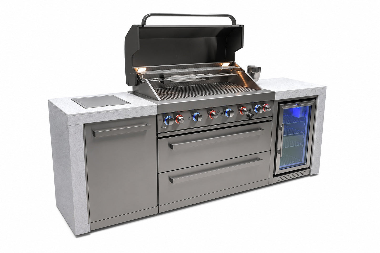 Mont Alpi MAi805-DFC Deluxe 6-Burner Outdoor Kitchen with Refrigerator on a white background