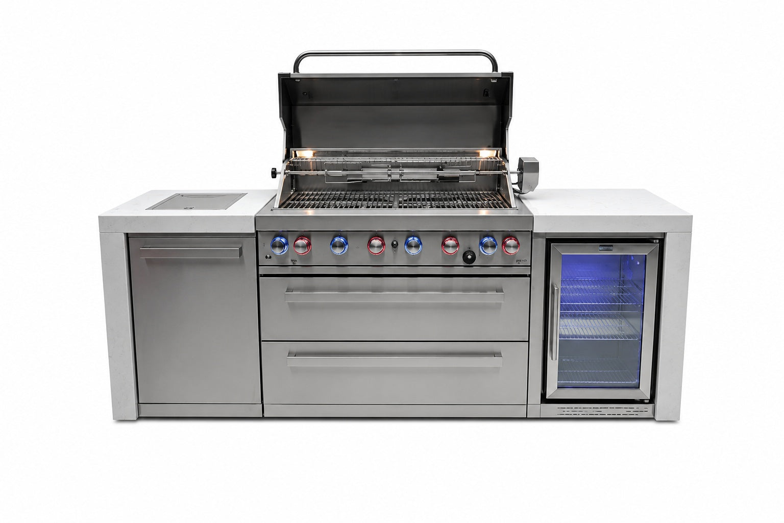 Mont Alpi MAi805-DFC Deluxe 6-Burner Outdoor Kitchen with Refrigerator on a white background
