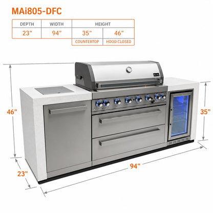 Mont Alpi MAi805-DFC Deluxe 6-Burner Outdoor Kitchen with Refrigerator spec sheet on a white background