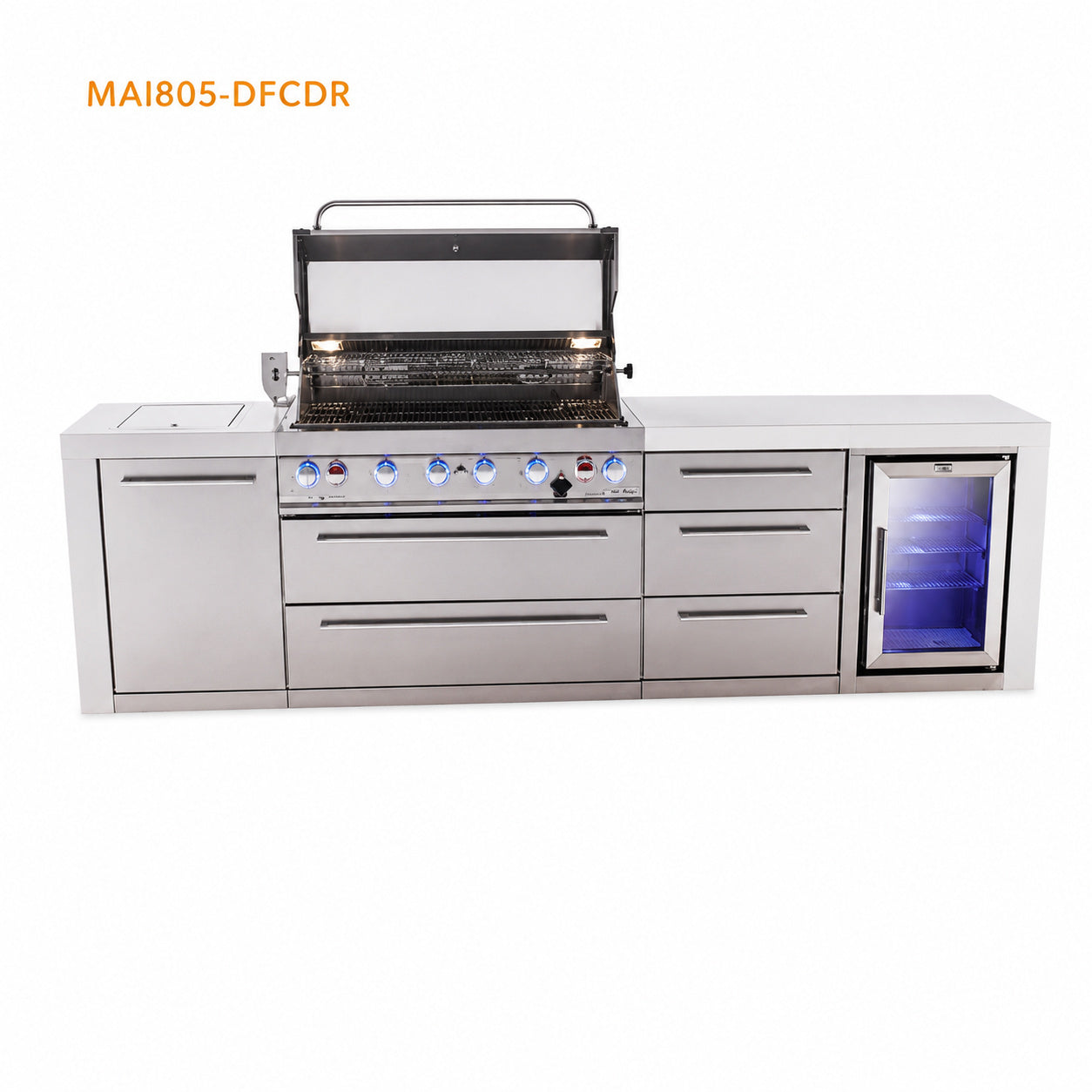 Mont Alpi MAi805-DFCDR Deluxe Outdoor Kitchen with Refrigerator and Drawer Storage on a white background