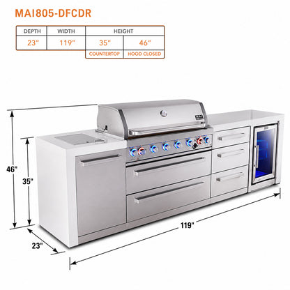 Mont Alpi MAi805-DFCDR Deluxe Outdoor Kitchen with Refrigerator and Drawer Storage spec sheet on a white background