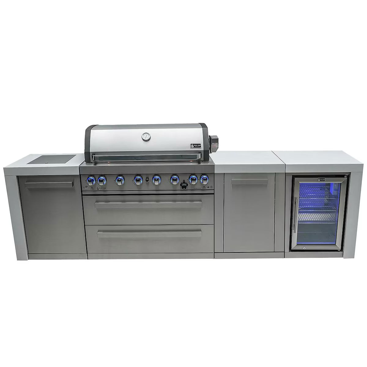 Mont Alpi MAi805-DFCXL Deluxe 6-Burner XL Outdoor Kitchen with Refrigerator on a white background