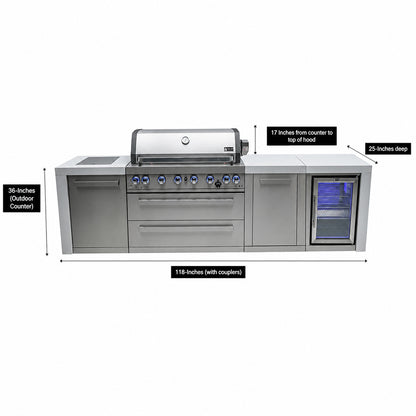 Mont Alpi MAi805-DFCXL Deluxe 6-Burner XL Outdoor Kitchen with Refrigerator spec sheet on a white background