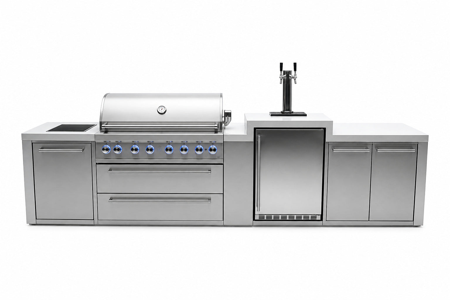Mont Alpi MAi805-DKEG Deluxe 6-Burner Outdoor Kitchen with Kegerator on a white background